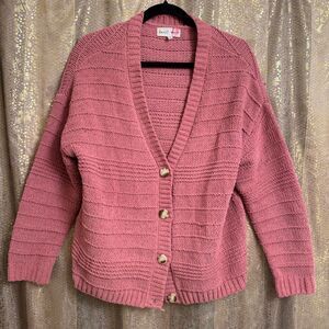 Hazel Moon Mauve Pink Chunky Knit Button Up Cardigan Sweater Medium